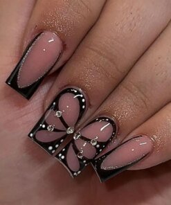 24pcs Detachable Manicure Fake Nials Press on Nails False Nails Long Square Black Butterfly French