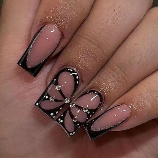 24pcs Detachable Manicure Fake Nials Press on Nails False Nails Long Square Black Butterfly French