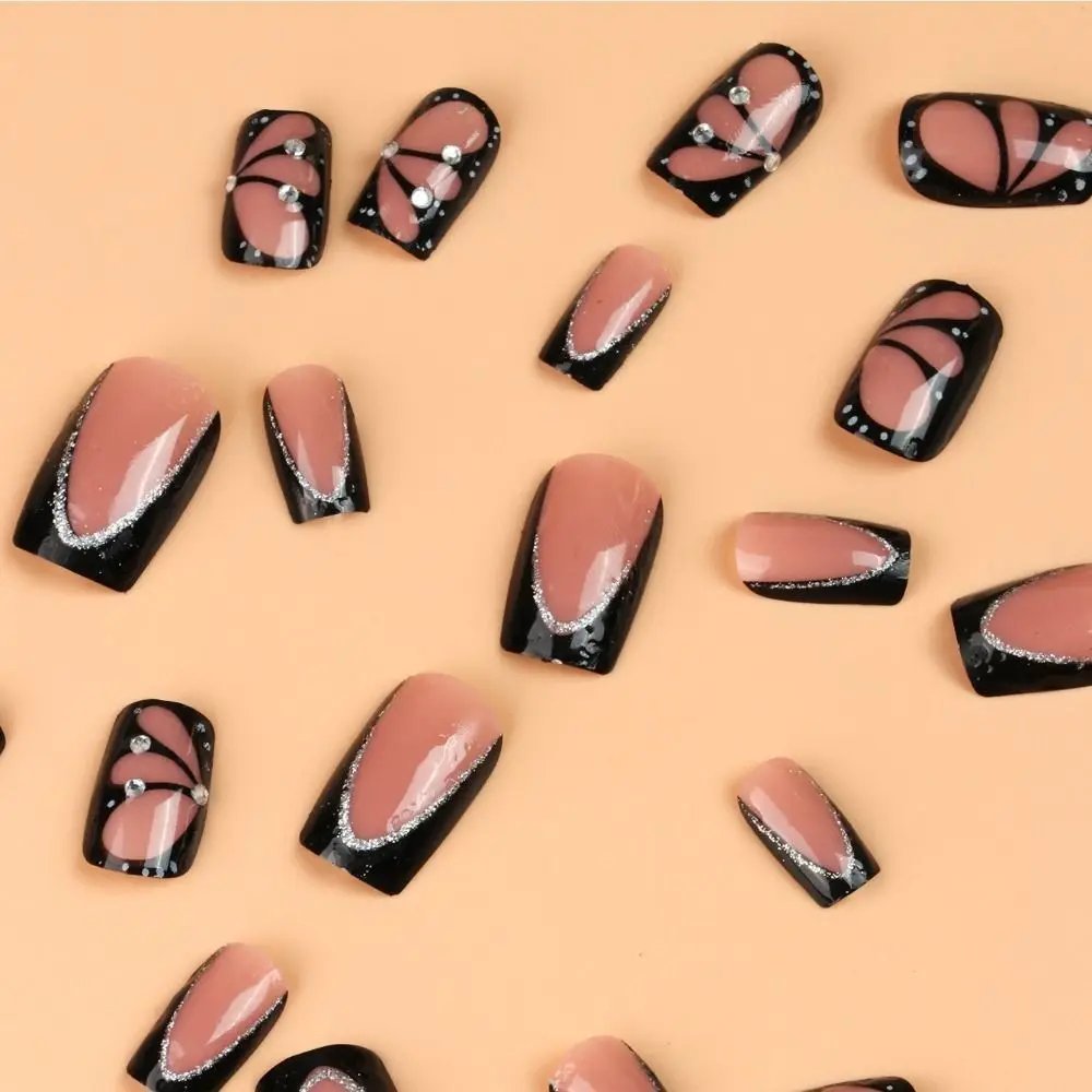 24pcs Detachable Manicure Fake Nials Press on Nails False Nails Long Square Black Butterfly French 24pcs Detachable Manicure Fake Nials Press on Nails False Nails Long Square Black Butterfly French
