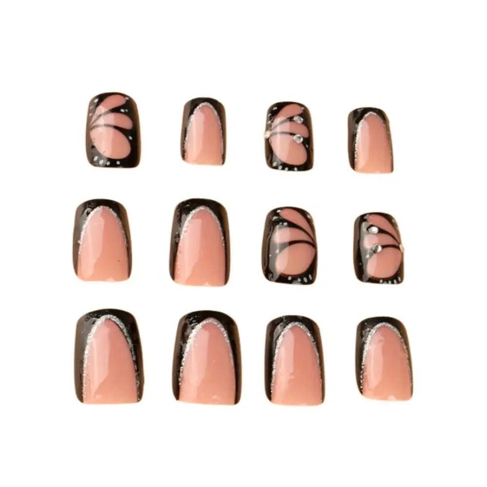 24pcs Detachable Manicure Fake Nials Press on Nails False Nails Long Square Black Butterfly French 24pcs Detachable Manicure Fake Nials Press on Nails False Nails Long Square Black Butterfly French