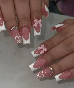 Alternative view of 24Pcs Mid Long Pink Leopard Fake Nails with Bow Design Press on Nails Square Wearable French False Nail Full Cover Manicure Tips