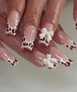 24Pcs Mid Long Pink Leopard Fake Nails with Bow Design Press on Nails Square Wearable French False Nail Full Cover Manicure Tips