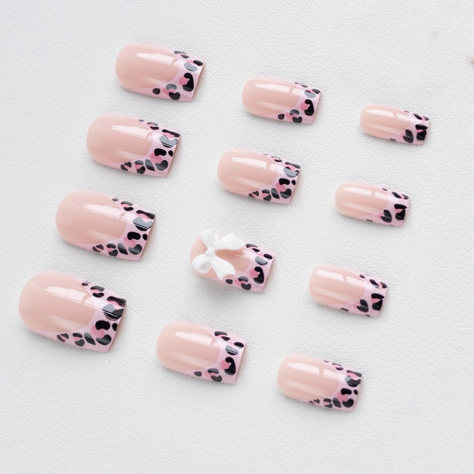 24Pcs Mid Long Pink Leopard Fake Nails with Bow Design Press on Nails Square Wearable French False Nail Full Cover Manicure Tips 24Pcs Mid Long Pink Leopard Fake Nails with Bow Design Press on Nails Square Wearable French False Nail Full Cover Manicure Tips