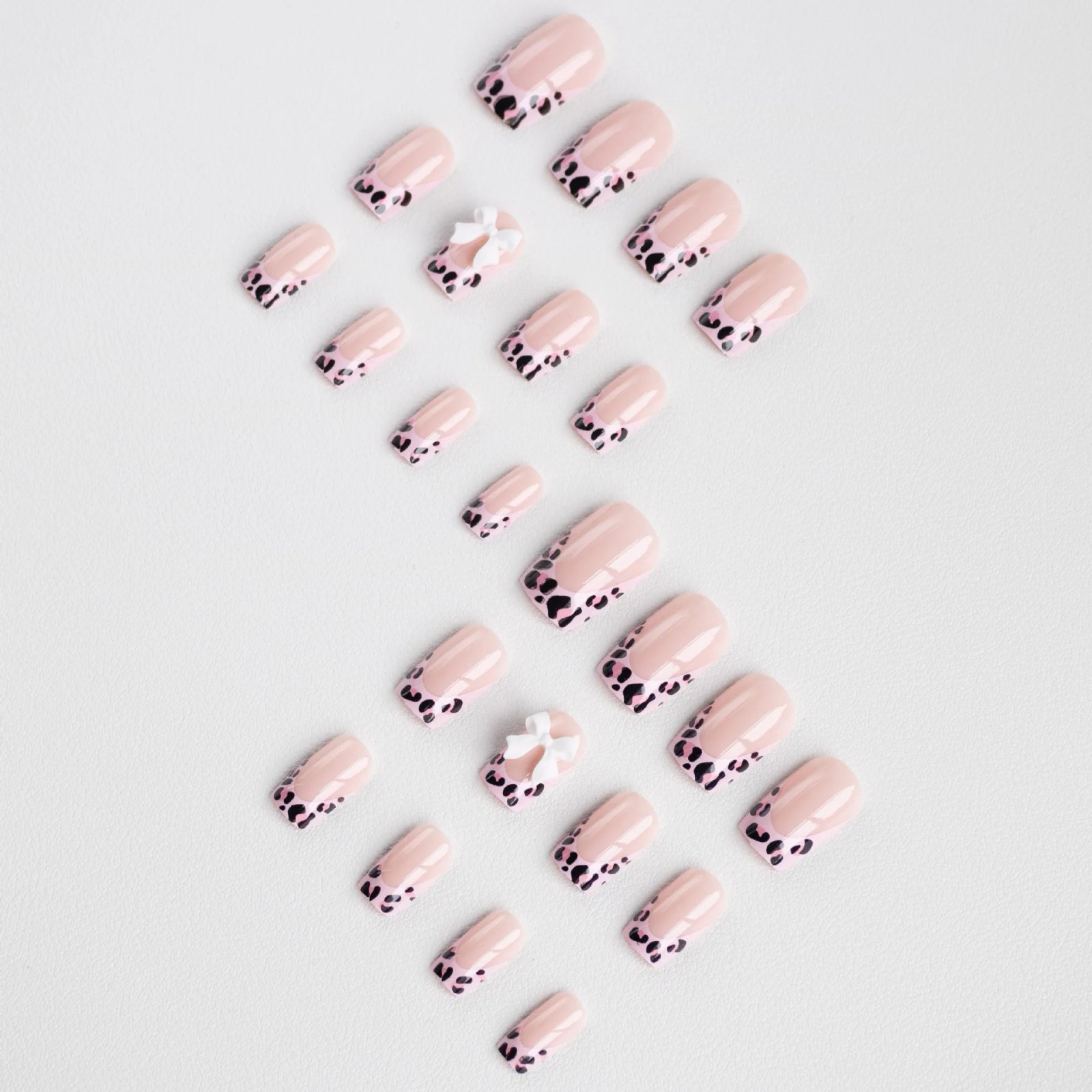 24Pcs Mid Long Pink Leopard Fake Nails with Bow Design Press on Nails Square Wearable French False Nail Full Cover Manicure Tips 24Pcs Mid Long Pink Leopard Fake Nails with Bow Design Press on Nails Square Wearable French False Nail Full Cover Manicure Tips