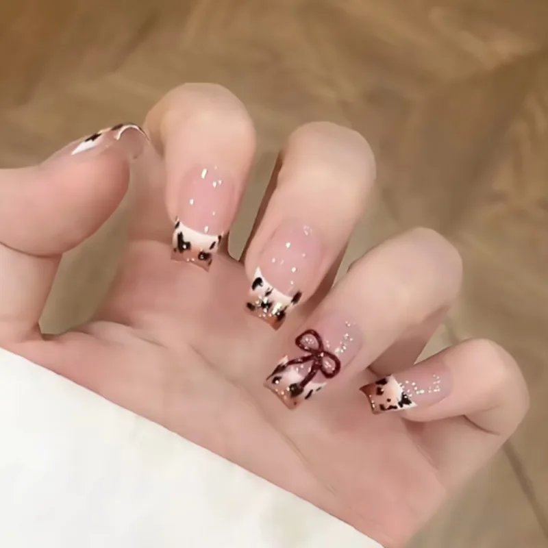 24Pcs Mid Long Pink Leopard Fake Nails with Bow Design Press on Nails Square Wearable French False Nail Full Cover Manicure Tips 24Pcs Mid Long Pink Leopard Fake Nails with Bow Design Press on Nails Square Wearable French False Nail Full Cover Manicure Tips