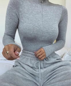 Alternative view of Shestyle Solid Zipper Bodycon Bodysuits Women Sexy Mock Neck Autumn Long Sleeve Fashion Slim Basic Body Winter Gray Outfits Lady