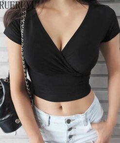 Alternative view of New Summer Black Sexy V-neck T-shirt Short Sleeve Y2k Crop Top Women Clothes Streetwear Korean Fashion Corset Tops Tshirts 2023