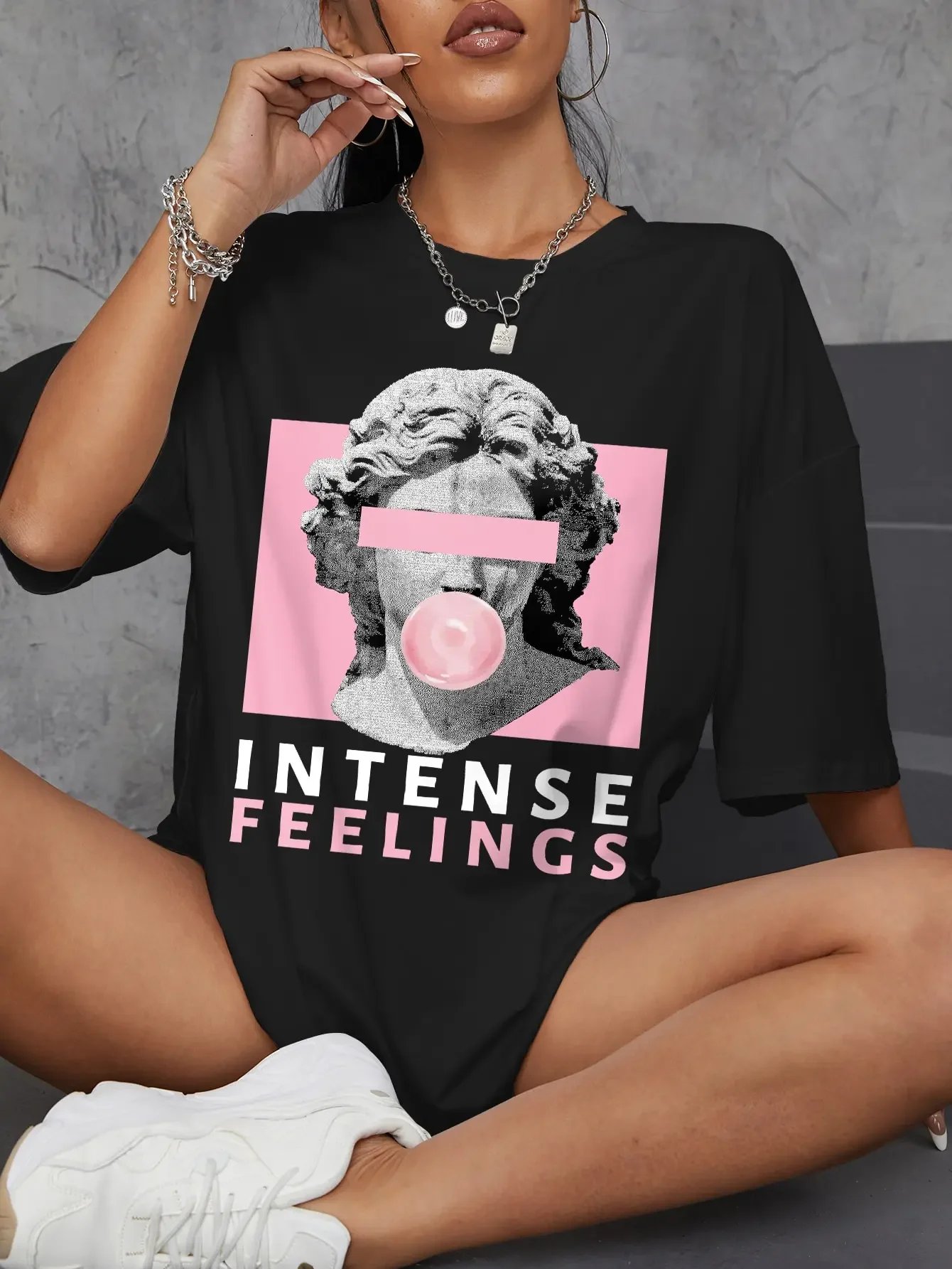 Hip Hop Oversize T-Shirts Loose INTENSE FEELINGS Street Short Sleeve Soft Soft Tops Breathable Female Tee Graphic T Shirts