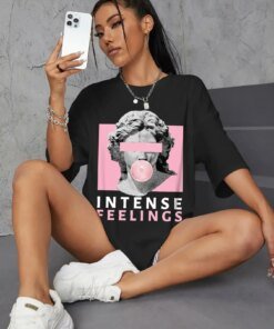 Hip Hop Oversize T-Shirts Loose INTENSE FEELINGS Street Short Sleeve Soft Soft Tops Breathable Female Tee Graphic T Shirts