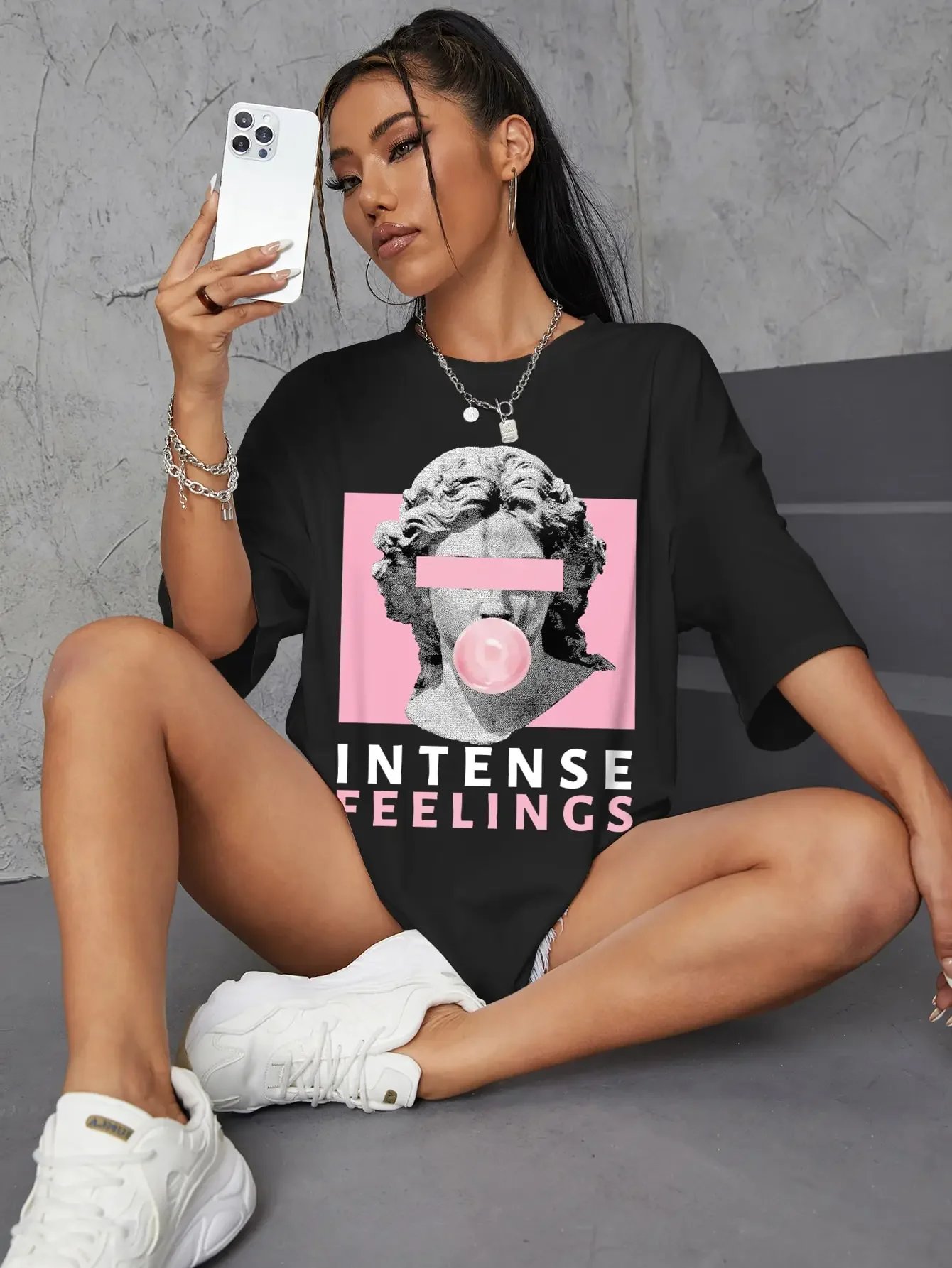 Hip Hop Oversize T-Shirts Loose INTENSE FEELINGS Street Short Sleeve Soft Soft Tops Breathable Female Tee Graphic T Shirts