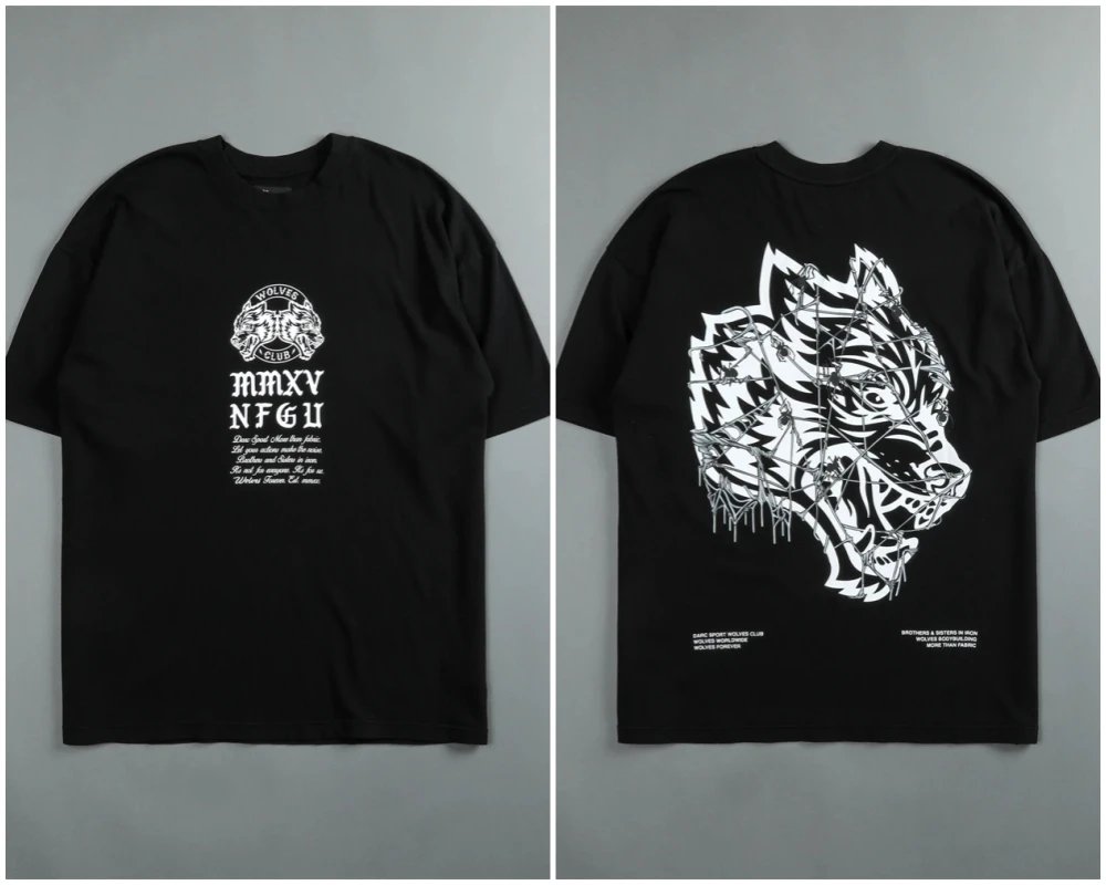 WOLVES OVERSIZED TEE Men's Hip Hop 230gsm T-shirt Summer 100% Cotton Brand Printed Men's T-shirt Street Unisex Short Sleeve Tops