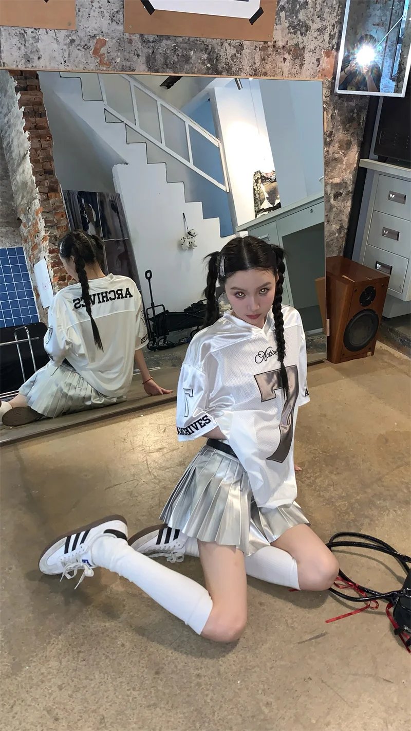 ADAgirl Y2k Sports Women's Oversize T-shirts Hip Hop Number Graphic Short Sleeve Tops Silvery Quick Drying Casual Basketball Tee