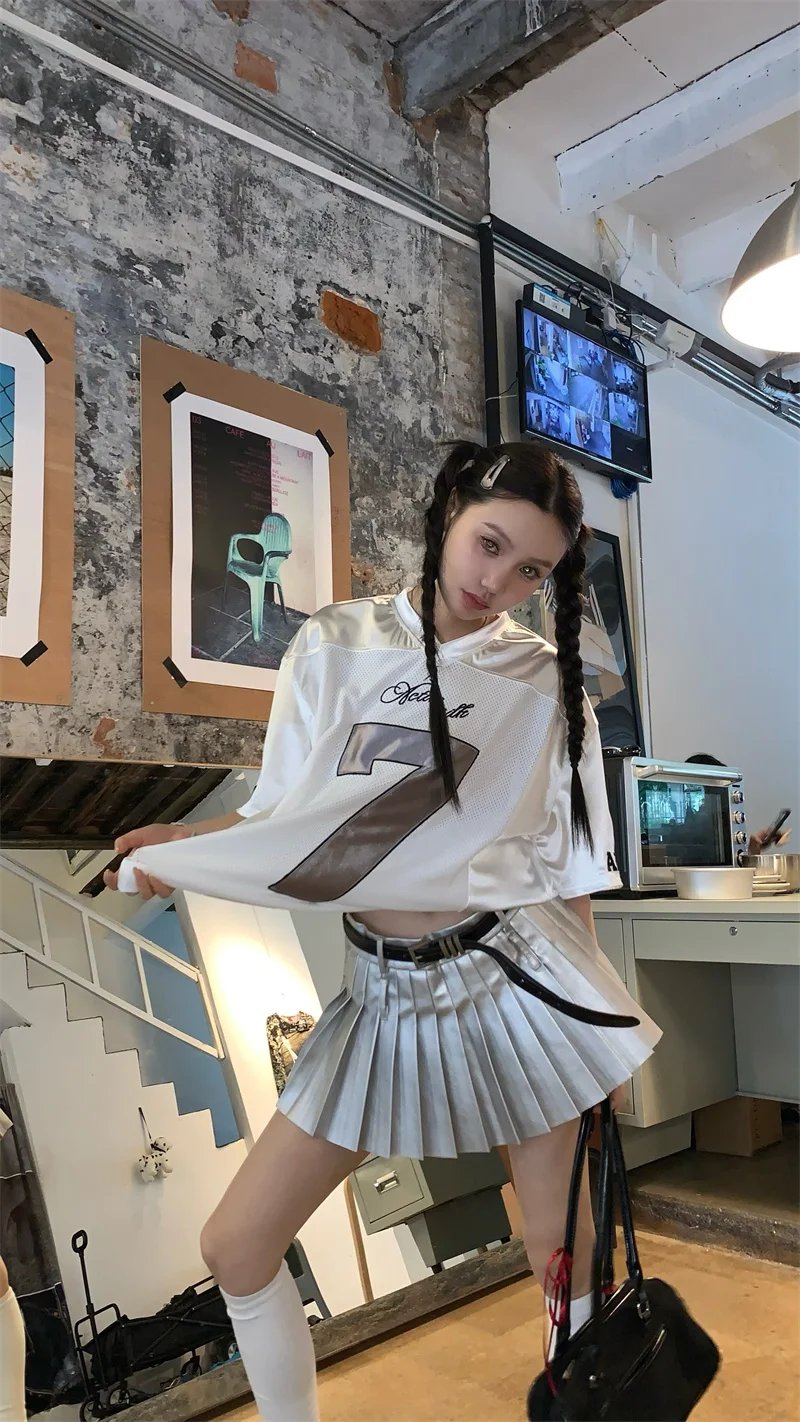 ADAgirl Y2k Sports Women's Oversize T-shirts Hip Hop Number Graphic Short Sleeve Tops Silvery Quick Drying Casual Basketball Tee