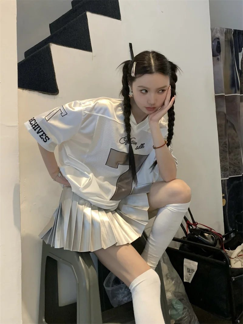 ADAgirl Y2k Sports Women's Oversize T-shirts Hip Hop Number Graphic Short Sleeve Tops Silvery Quick Drying Casual Basketball Tee