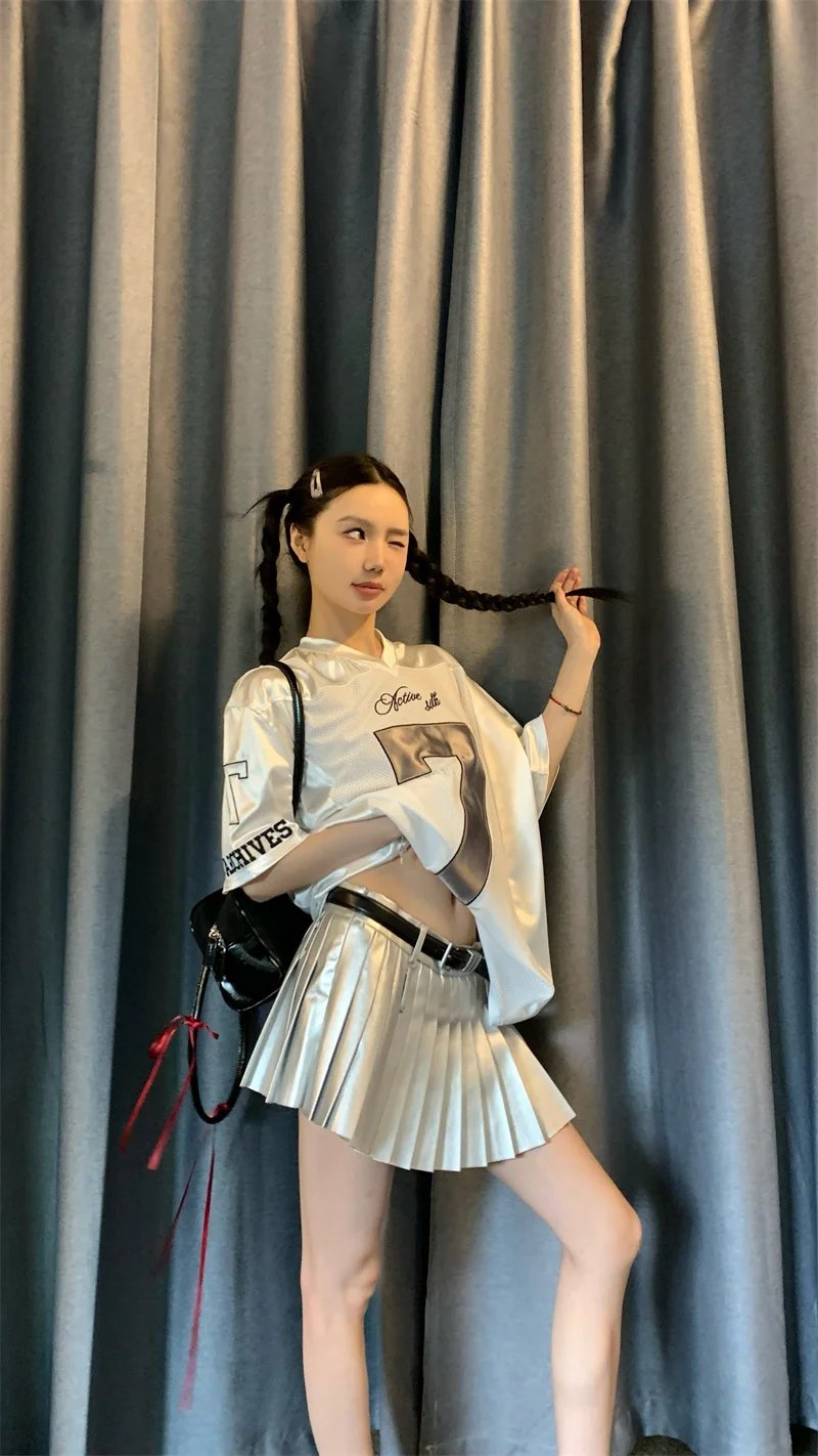 ADAgirl Y2k Sports Women's Oversize T-shirts Hip Hop Number Graphic Short Sleeve Tops Silvery Quick Drying Casual Basketball Tee