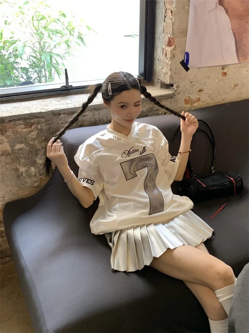 ADAgirl Y2k Sports Women's Oversize T-shirts Hip Hop Number Graphic Short Sleeve Tops Silvery Quick Drying Casual Basketball Tee