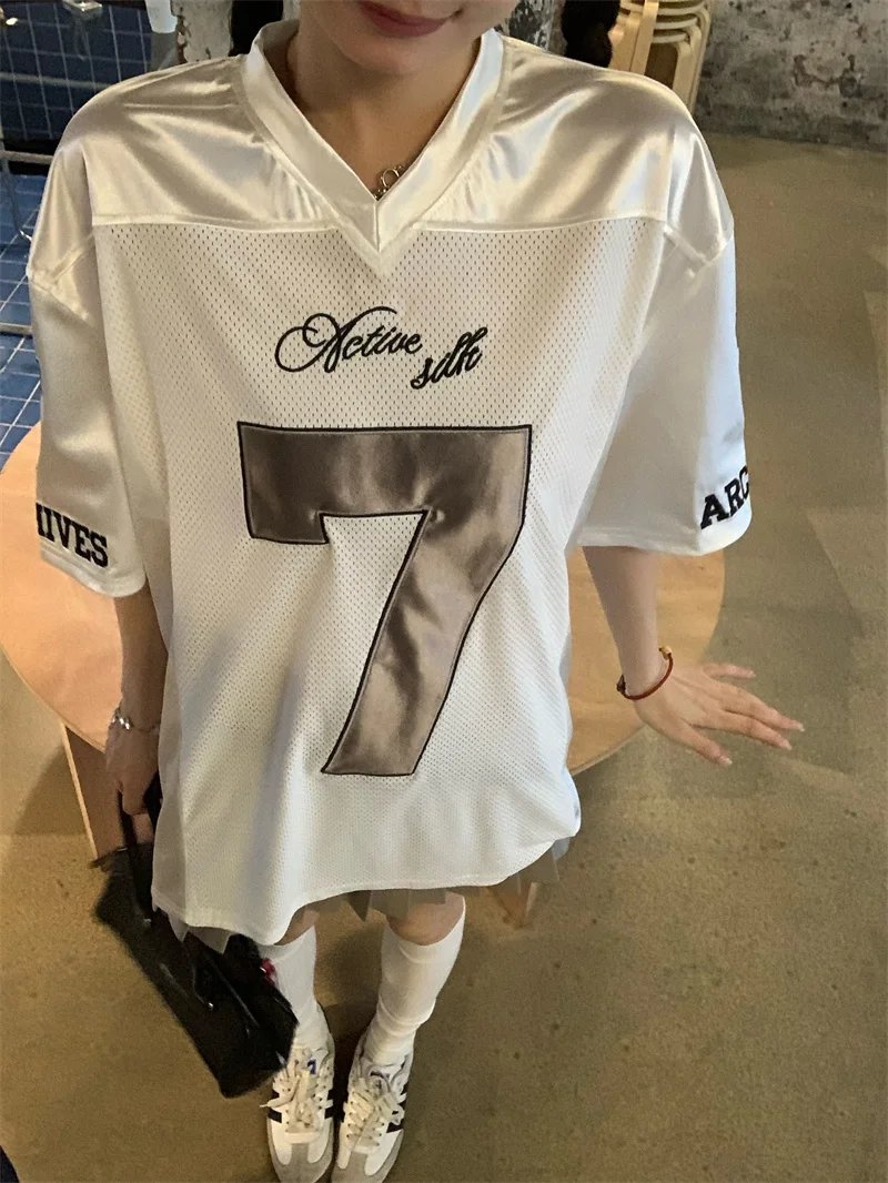 ADAgirl Y2k Sports Women's Oversize T-shirts Hip Hop Number Graphic Short Sleeve Tops Silvery Quick Drying Casual Basketball Tee