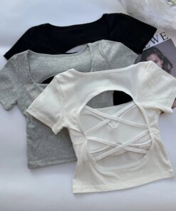 T-shirt Woman clothing Square Neckline tops Short Sleeve crop top with bras for women girls sexy street wear Backless top tees