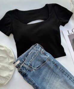 Alternative view of T-shirt Woman clothing Square Neckline tops Short Sleeve crop top with bras for women girls sexy street wear Backless top tees