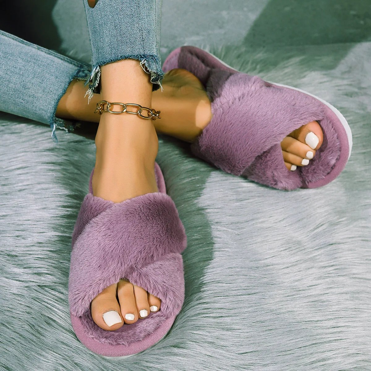 Fashion Cross Strap Fluffy Slippers Women 2024 Winter Warm Fur Home Slippers Woman Comfortable Soft Sole Non Slip Indoor Shoes