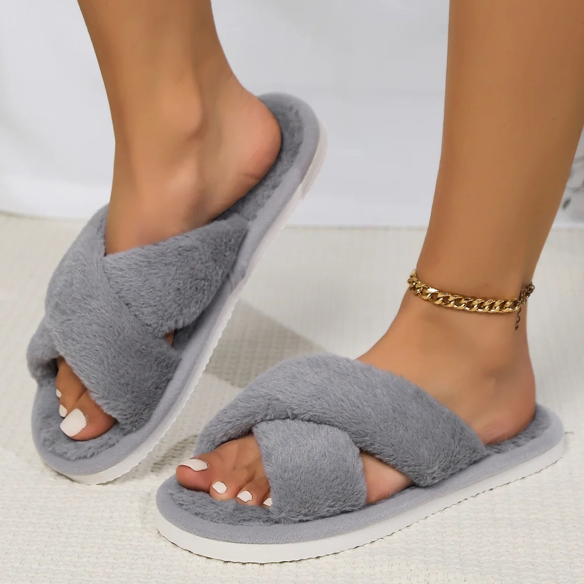 Fashion Cross Strap Fluffy Slippers Women 2024 Winter Warm Fur Home Slippers Woman Comfortable Soft Sole Non Slip Indoor Shoes
