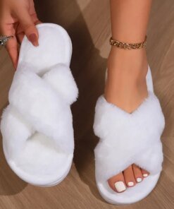 Fashion Cross Strap Fluffy Slippers Women 2024 Winter Warm Fur Home Slippers Woman Comfortable Soft Sole Non Slip Indoor Shoes