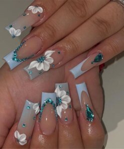 24Pcs Gradient Purple Ballet False Nails with Butterfly Rhinestone Long Square Manicure Press on Nails Wearable Flower Fake Nail