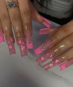 Alternative view of 24Pcs Gradient Purple Ballet False Nails with Butterfly Rhinestone Long Square Manicure Press on Nails Wearable Flower Fake Nail