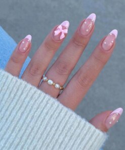 New Arrivals 24Pcs Short Size French Water Droplet Pink Edges and Pearl Bows Girls Women Wearable Fake Nails Set