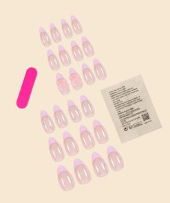 Alternative view of New Arrivals 24Pcs Short Size French Water Droplet Pink Edges and Pearl Bows Girls Women Wearable Fake Nails Set