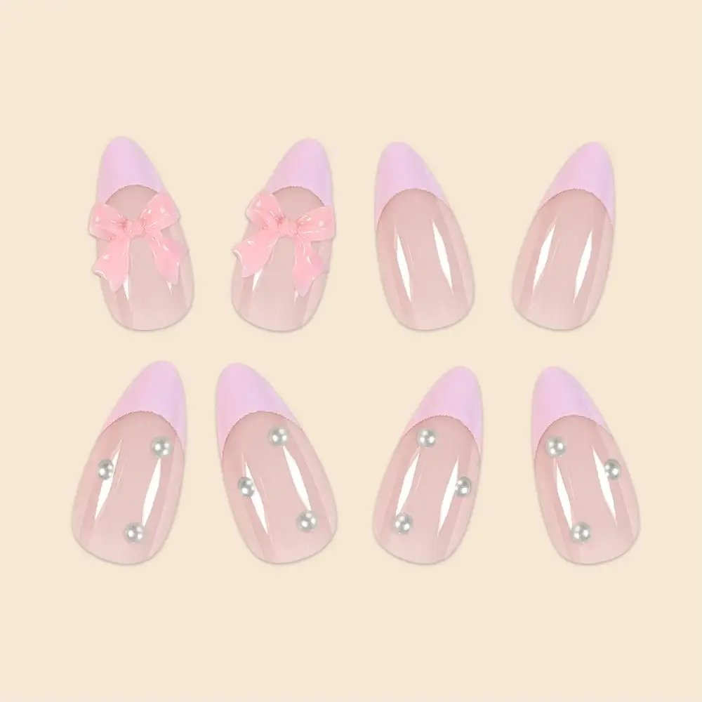 New Arrivals 24Pcs Short Size French Water Droplet Pink Edges and Pearl Bows Girls Women Wearable Fake Nails Set New Arrivals 24Pcs Short Size French Water Droplet Pink Edges and Pearl Bows Girls Women Wearable Fake Nails Set