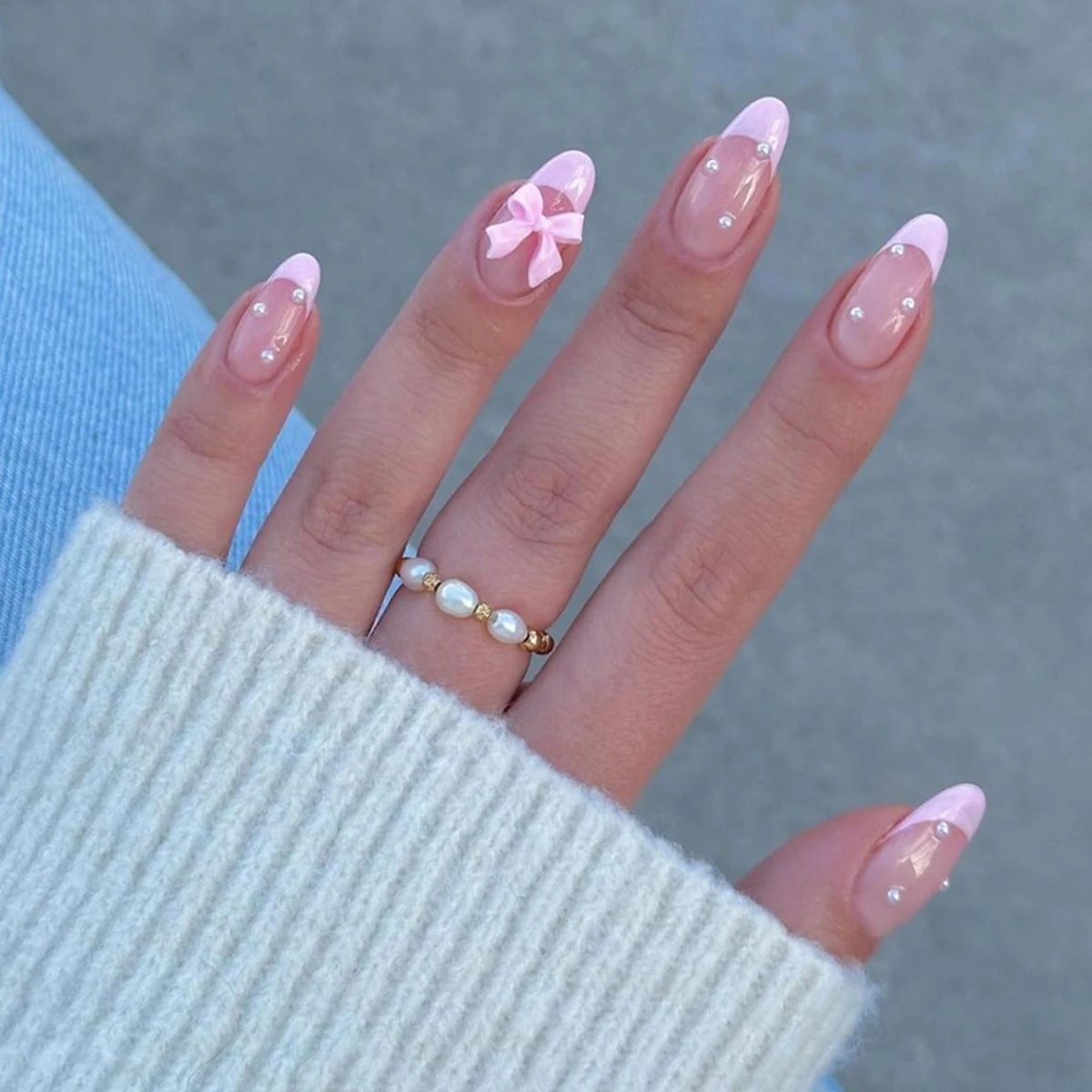 New Arrivals 24Pcs Short Size French Water Droplet Pink Edges and Pearl Bows Girls Women Wearable Fake Nails Set New Arrivals 24Pcs Short Size French Water Droplet Pink Edges and Pearl Bows Girls Women Wearable Fake Nails Set
