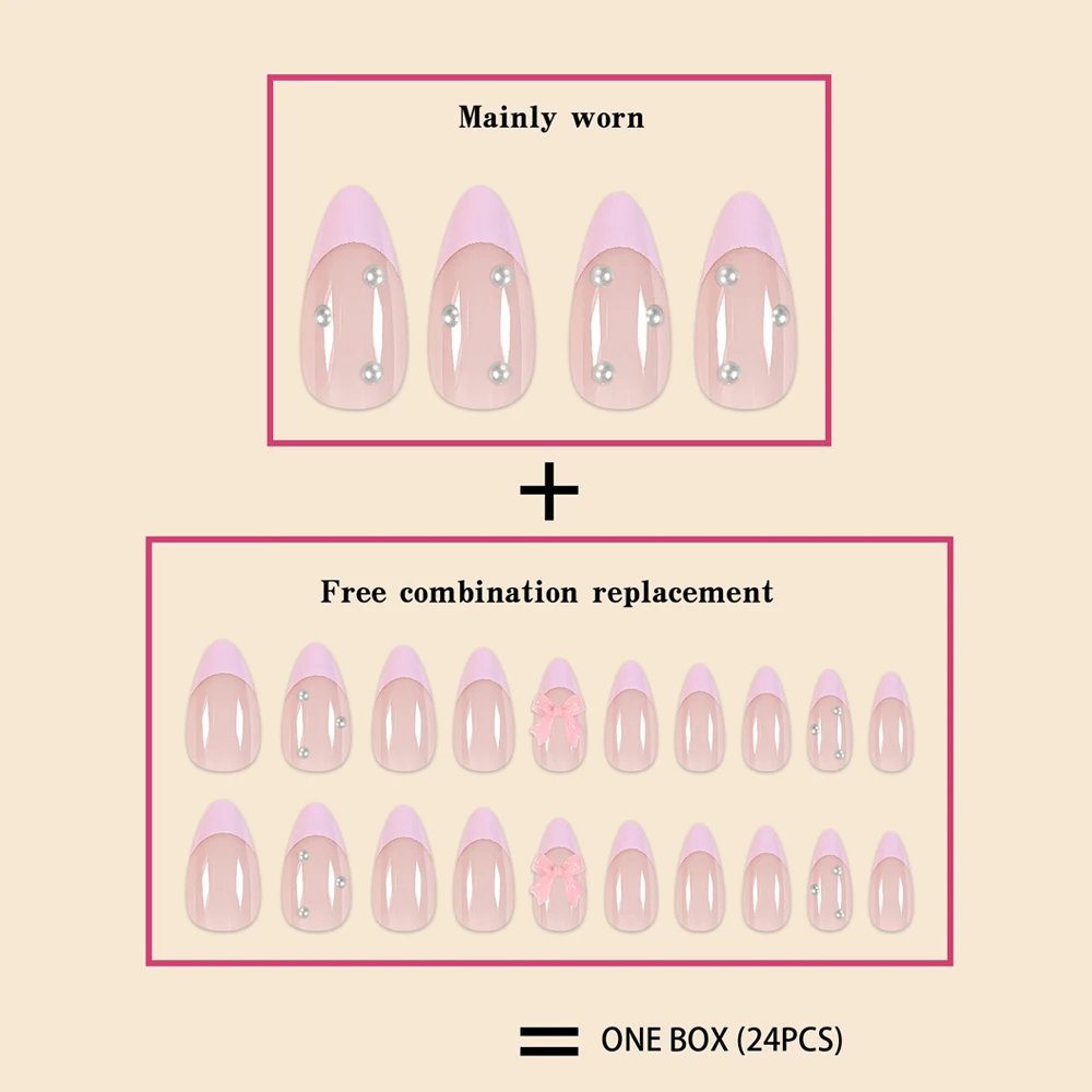 New Arrivals 24Pcs Short Size French Water Droplet Pink Edges and Pearl Bows Girls Women Wearable Fake Nails Set New Arrivals 24Pcs Short Size French Water Droplet Pink Edges and Pearl Bows Girls Women Wearable Fake Nails Set