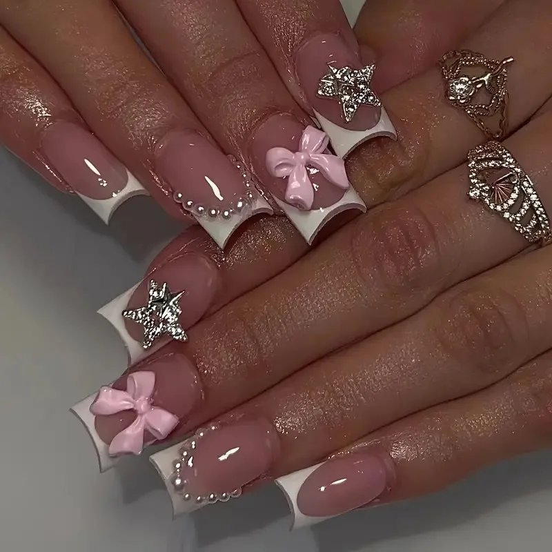 24pc Short Square Fake Nails with Kawaii 3D Pearl Bow Press on Hello Kitty False Nail French Tips Full Cover Acrylic Cute Nails 24pc Short Square Fake Nails with Kawaii 3D Pearl Bow Press on Hello Kitty False Nail French Tips Full Cover Acrylic Cute Nails