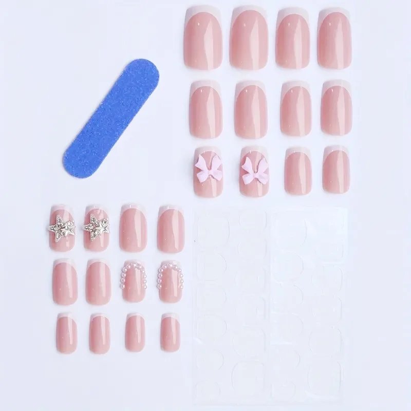 24pc Short Square Fake Nails with Kawaii 3D Pearl Bow Press on Hello Kitty False Nail French Tips Full Cover Acrylic Cute Nails 24pc Short Square Fake Nails with Kawaii 3D Pearl Bow Press on Hello Kitty False Nail French Tips Full Cover Acrylic Cute Nails