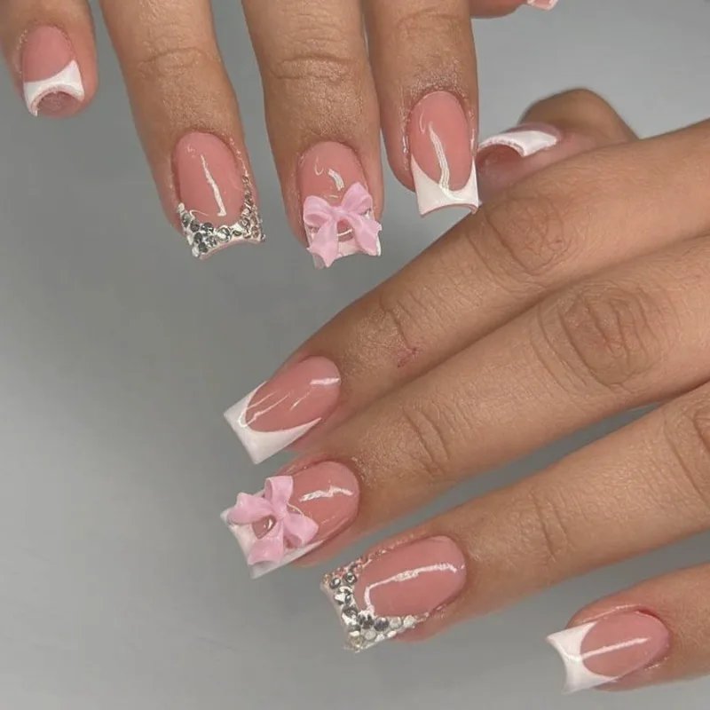 24pc Short Square Fake Nails with Kawaii 3D Pearl Bow Press on Hello Kitty False Nail French Tips Full Cover Acrylic Cute Nails 24pc Short Square Fake Nails with Kawaii 3D Pearl Bow Press on Hello Kitty False Nail French Tips Full Cover Acrylic Cute Nails