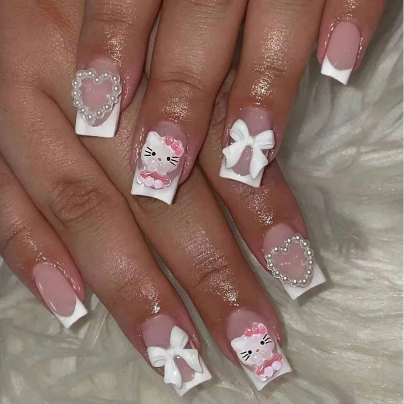 24pc Short Square Fake Nails with Kawaii 3D Pearl Bow Press on Hello Kitty False Nail French Tips Full Cover Acrylic Cute Nails 24pc Short Square Fake Nails with Kawaii 3D Pearl Bow Press on Hello Kitty False Nail French Tips Full Cover Acrylic Cute Nails