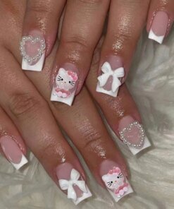 24pc Short Square Fake Nails with Kawaii 3D Pearl Bow Press on Hello Kitty False Nail French Tips Full Cover Acrylic Cute Nails