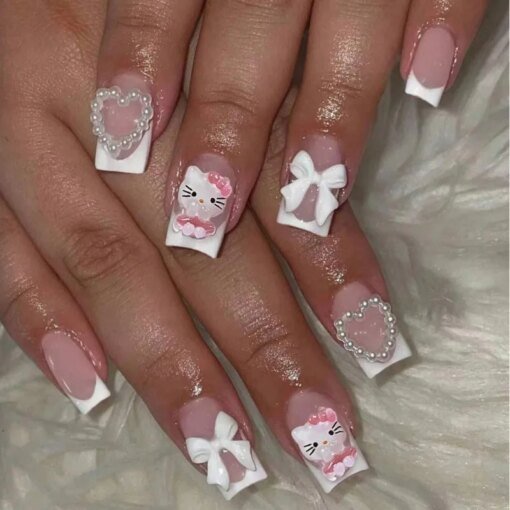 24pc Short Square Fake Nails with Kawaii 3D Pearl Bow Press on Hello Kitty False Nail French Tips Full Cover Acrylic Cute Nails