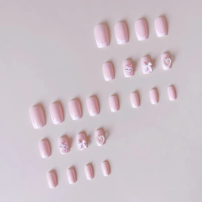 24pc Short Square Fake Nails with Kawaii 3D Pearl Bow Press on Hello Kitty False Nail French Tips Full Cover Acrylic Cute Nails 24pc Short Square Fake Nails with Kawaii 3D Pearl Bow Press on Hello Kitty False Nail French Tips Full Cover Acrylic Cute Nails
