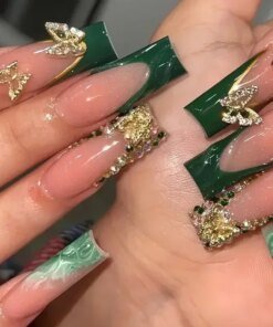 24Pcs Green French Fake Nails with Diamond Gold Butterfly False Nails Elegant Acrylic Artificial Nails Wearable Long Square Nail