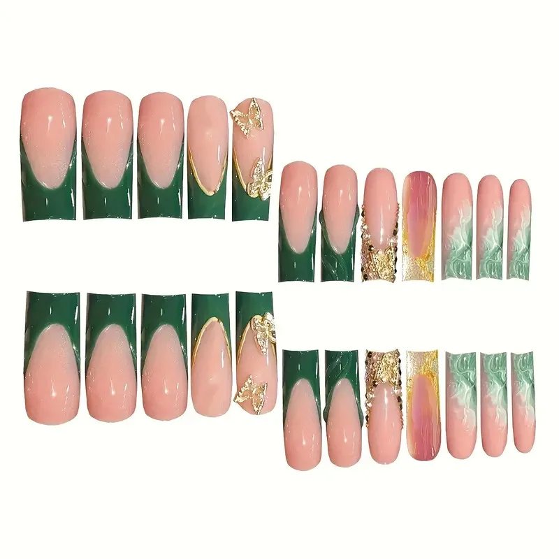 24Pcs Green French Fake Nails with Diamond Gold Butterfly False Nails Elegant Acrylic Artificial Nails Wearable Long Square Nail 24Pcs Green French Fake Nails with Diamond Gold Butterfly False Nails Elegant Acrylic Artificial Nails Wearable Long Square Nail