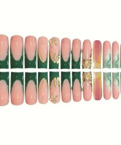Alternative view of 24Pcs Green French Fake Nails with Diamond Gold Butterfly False Nails Elegant Acrylic Artificial Nails Wearable Long Square Nail