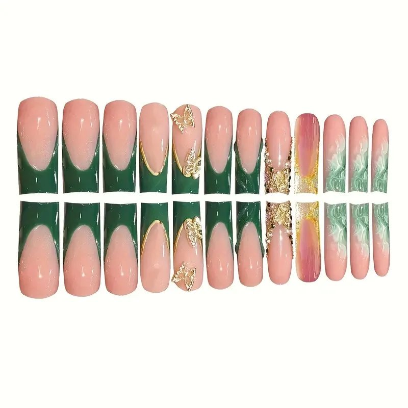 24Pcs Green French Fake Nails with Diamond Gold Butterfly False Nails Elegant Acrylic Artificial Nails Wearable Long Square Nail 24Pcs Green French Fake Nails with Diamond Gold Butterfly False Nails Elegant Acrylic Artificial Nails Wearable Long Square Nail