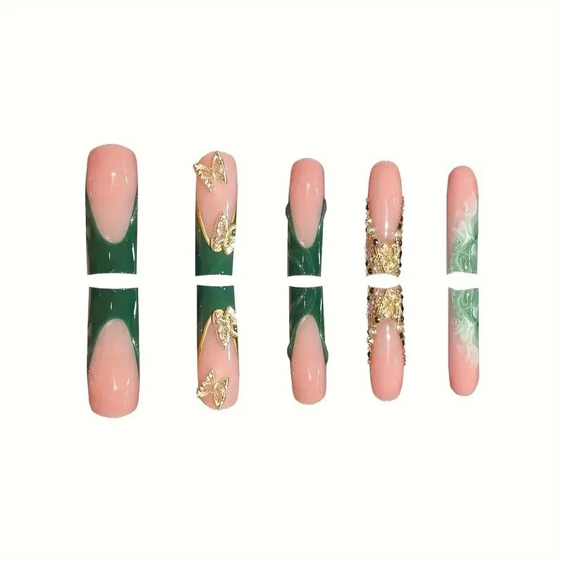 24Pcs Green French Fake Nails with Diamond Gold Butterfly False Nails Elegant Acrylic Artificial Nails Wearable Long Square Nail 24Pcs Green French Fake Nails with Diamond Gold Butterfly False Nails Elegant Acrylic Artificial Nails Wearable Long Square Nail