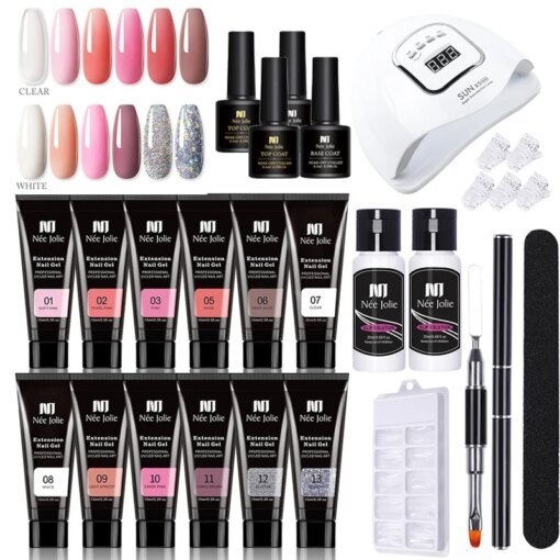 Nail Gel Set with 90W 45PCS UV LED Lamp Dryer Quick Extension Gel Kit All for Manicure Acrylic Building Polygels for Nail Design