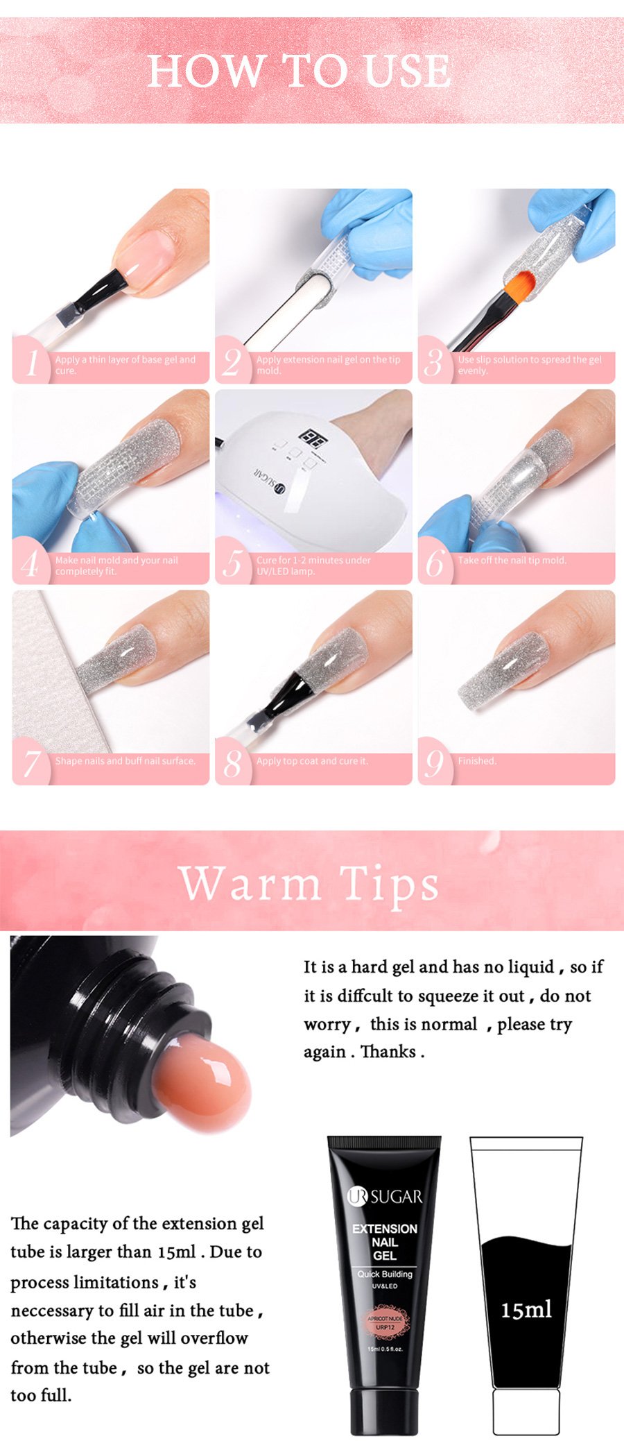 UR SUGAR 15ml Extension Nail Gel Polish Camouflage Nude Pink Semi Permanent UV Hard Gel Nails Finger Prolong Acrylic Varnish