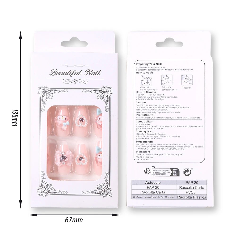 Sanrio Kawaii Pink My Melody Fake Nails 24Pc 3D kuromi Anime Cute Nail Patches False Nail Tips Cartoon Y2K Fashion Press on Nail