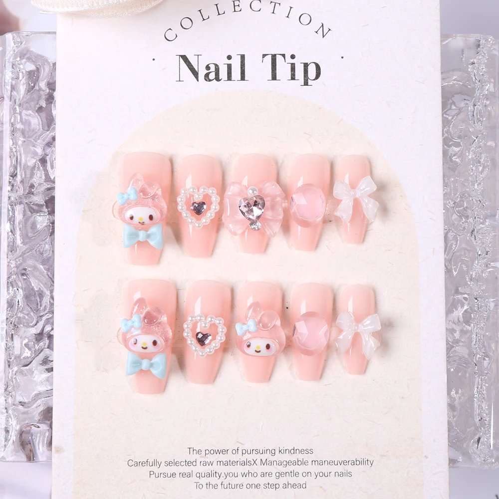 Sanrio Kawaii Pink My Melody Fake Nails 24Pc 3D kuromi Anime Cute Nail Patches False Nail Tips Cartoon Y2K Fashion Press on Nail
