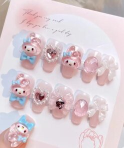 Sanrio Kawaii Pink My Melody Fake Nails 24Pc 3D kuromi Anime Cute Nail Patches False Nail Tips Cartoon Y2K Fashion Press on Nail